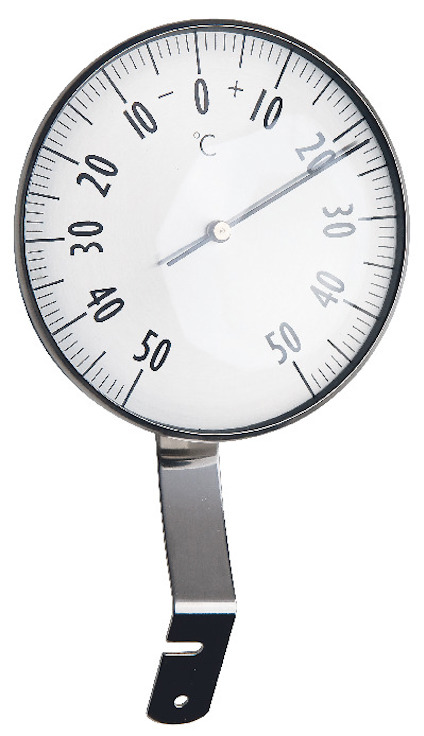 Rund termometer med svart ram och vit urtavla, visar temperatur i grader Celsius från -50 till 50.