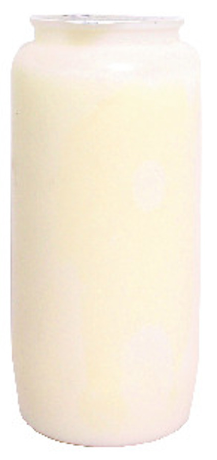 Vit cylinderformat ljus i plastbehållare med lock upptill.