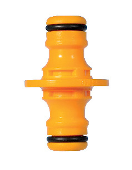 Orange skarvkoppling med dubbla svarta O-ringar på varje ände, använd för anslutning av slangar.