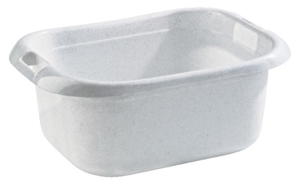 Vit, rektangulär plastbalja med rundade hörn och integrerade handtag.