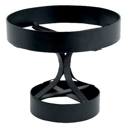 Svart metallhållare med rund bas och övre ram, korsade stödband i mitten.