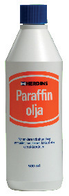 Vit flaska med blått lock, etikett med texten "HERDINS Paraffin olja" och användningsområden i rött fält.