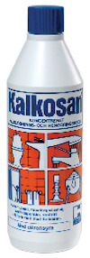 Flaska med Kalkosan rengöringsmedel. Etikett i blått och vitt med instruktioner och illustrationer för användning.