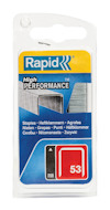 Förpackning med Rapid-häftklamrar i genomskinlig plast med blå och gul etikett, texten "High PERFORMANCE".