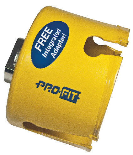 Gul hålsåg med blå och svart text, inklusive "PRO-FIT" och "FREE Integrated Adapter!".