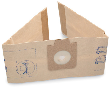 Pappersdammsugarpåse med illustrerade instruktioner och en plastventil i mitten.