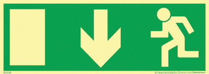 Grön skylt med en pil som pekar nedåt och en springande figur mot en utgång.