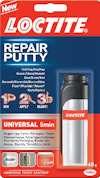 Förpackning av Loctite universal reparationsmassa, 48g, med instruktioner för blandning, applicering och färdigställande.