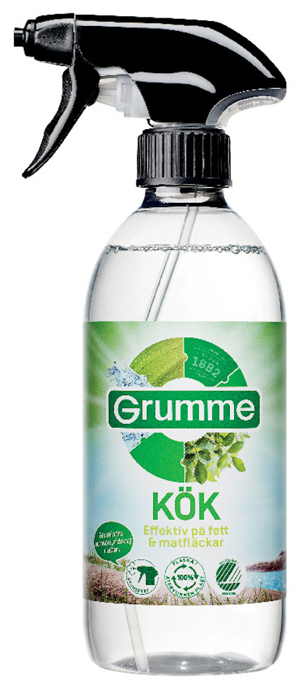 Sprayflaska med etikett som visar varumärket Grumme och texten "Kök".