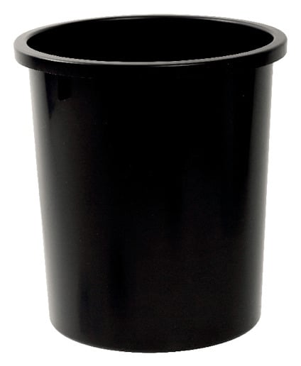 Svart, cylindrisk tunna med slät yta och bred kant upptill.