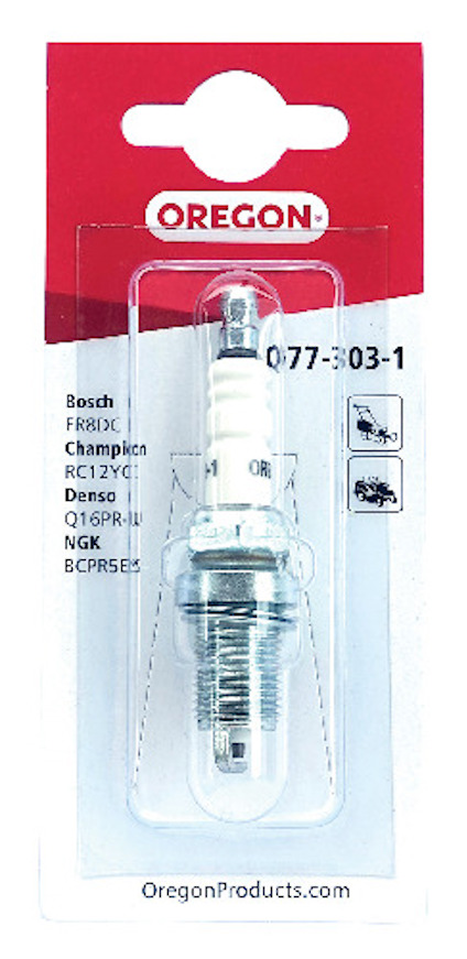 Förpackat tändstift med märket "Oregon" på röd etikett.