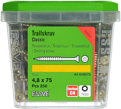 Plastlåda med grönt lock innehållande 250 stycken trallskruv 4,8 x 75 mm från Essve.