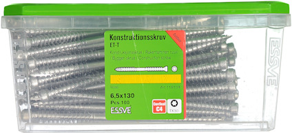 Plastlåda med byggskruvar, etikett "ESSVE Konstruktionsskruv, 6,5x130, 100 st".