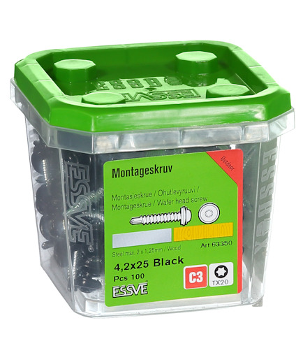 Förpackning med ESSVE montageskruv, 4,2x25 svart, 100 st, med grön lock och produktetikett.