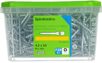 Förpackning med 500 stycken spånskiveskruvar 4,2 x 55 mm från ESSVE.