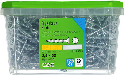 Låda med gipsskruv, 3,9 x 30 mm, 1000 st, märkt ESSVE. Grönt lock och etikett med produktinformation.