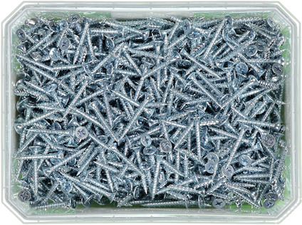 En plastlåda fylld med många silverfärgade skruvar i olika vinklar.