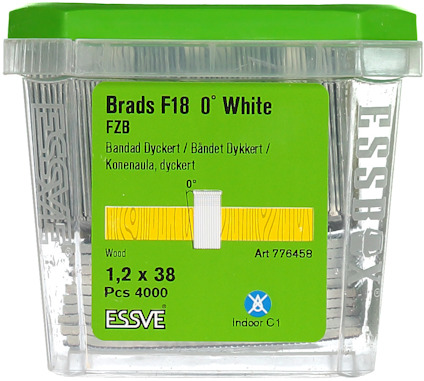 Plastlåda med vita dyckertspik, ESSVE Brads F18, 1,2 x 38 mm, 4000 st.