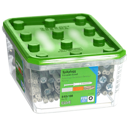 Grön plastlåda med genomskinliga sidor innehållande spikpluggar. Essve-logotyp och text på svenska på etiketten.