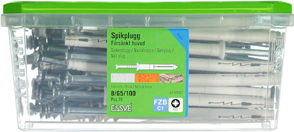 Förpackning med 100 st. förzinkade spikpluggar, försänkt huvud, storlek 6/50, från Essve.