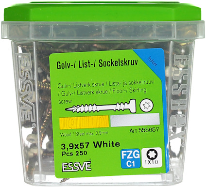 Plastbehållare med golv/list/sockelskruv, 3,9x57 mm, vit, 250 stycken från Essve.