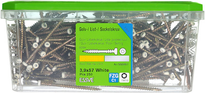 Plastlåda med grönt lock innehållande skruvar, etikett med text "Golv-/List-/Sockelskruv", 3,9x57 mm, 250 st, vit.