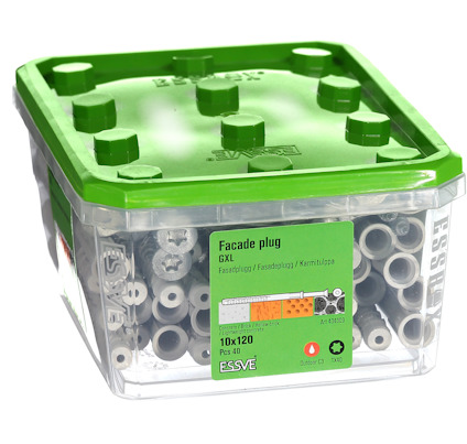 Förpackning med fasadplugg GXL 10x120, 40 st, ESSVE. Transparent låda med grön lock.