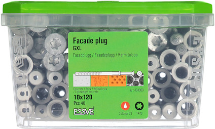 Förpackning med fasadpluggar Essve 6XL, 10x120 mm, 40 stycken, i en genomskinlig och grön plastlåda.