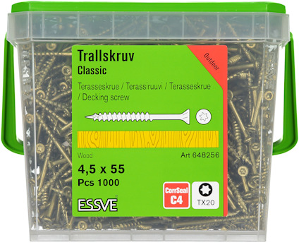 Förpackning med 1000 skruvar, grönt och genomskinligt lock. Märkt "Trallskruv Classic" och storlek 4,5 x 55.