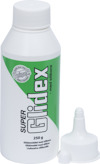 Vit flaska med grön etikett, innehållande "Super Glidex" glidmedel med silikon, 250g. Flaskans kork är bredvid.