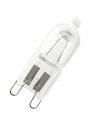 Halogenlampa med G9-sockel och genomskinligt glas.