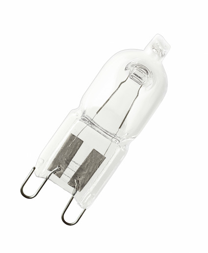 Halogenlampa med G9-sockel och genomskinligt glas.