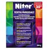 Förpackning av Nitor Textilfärgsalt, 500 g, med färgglad design och text på flera språk.