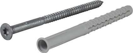 Metallskruv med försänkt huvud och grå plastplugg sida vid sida på grå bakgrund.