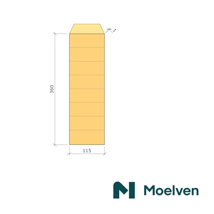 Ritad profil av träplanka, mått 360x115 mm, med företagslogotyp "Moelven" i hörnet.