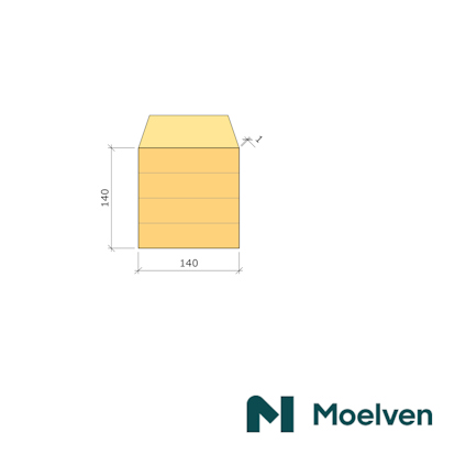 Formad träprofil med måtten 140x140 mm och logo för Moelven längst ner till höger.