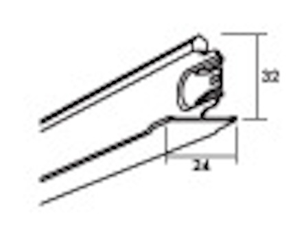 Svartvit linjeteckning av en T-formad tvärprofil med skruvhål på kortändan, sedd från sidan.