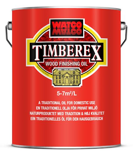 Röd burk med texten "TIMBEREX Wood Finishing Oil 5-7m²/L" och "EN TRADITIONELL OLJA FÖR PRIVAT MILJÖ".