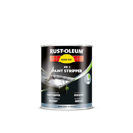 Burk med Rust-Oleum Hard Hat nr.1 Paint Stripper, svart och grön etikett med penselbild.