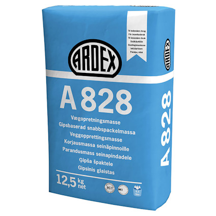 Blå säck med texten "ARDEX A 828" och "12,5 kg net", samt flera språkversioner av produktnamnet.