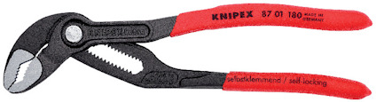 Tång med röda grepphandtag och svart metallkropp, märkt "KNIPEX Cobra" och "self-locking".