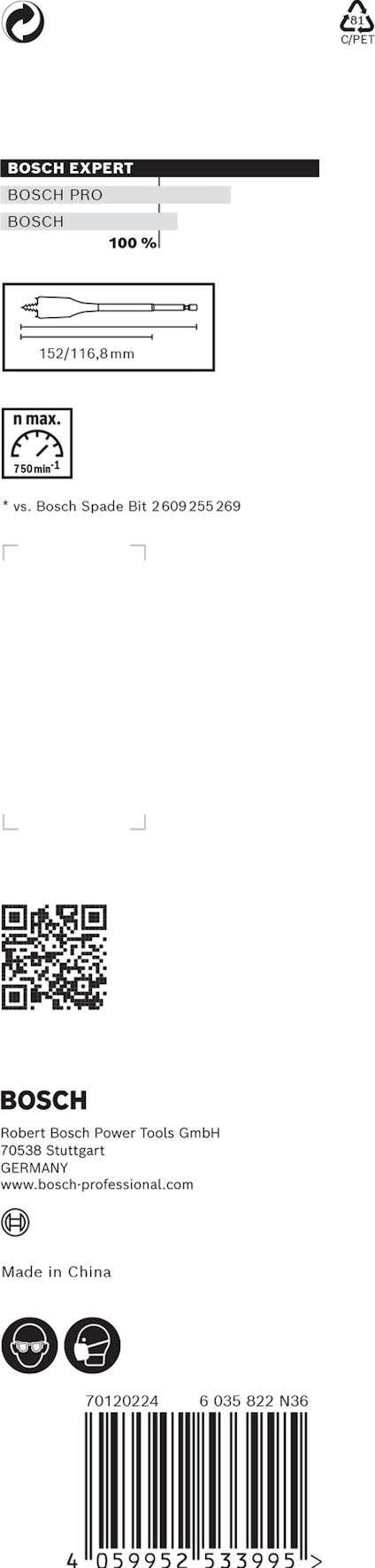 Förpackning med Bosch-borrkärna 100 mm, text och streckkod synliga.