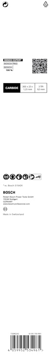 Vit förpackning med text: "BOSCH", "Model: 100", "Made in: Switzerland" och streckkod längst ned.