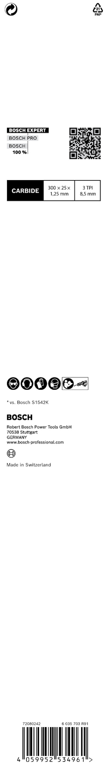 Vit förpackning med text: "BOSCH", "Model: 100", "Made in: Switzerland" och streckkod längst ned.