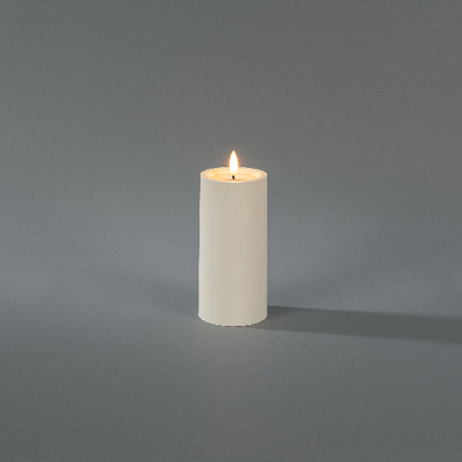 Vit, cylinderformad ljuslåga brinnande mot en grå bakgrund.