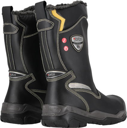 Svarta skyddsstövlar med gult och vitt märke, pälsfoder och reflexdetaljer.
