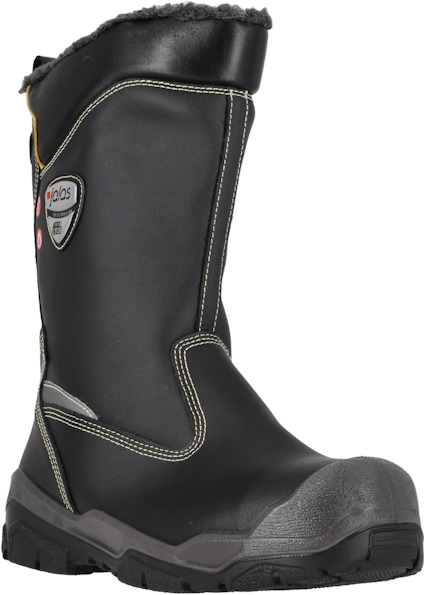 Svart vinterkänga med grå gummisula, gul söm och logotyp.