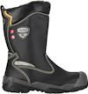 Svart skyddsstövel med grå sula, gul och vit detalj, samt logotyp och etiketter på sidan.