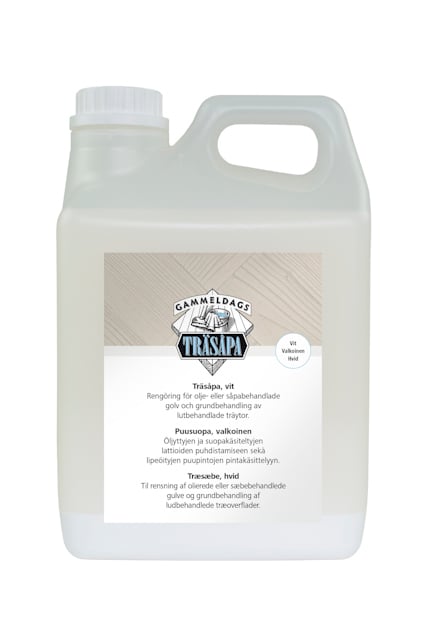 Vit plastbehållare med handtag, etikett märkt "GAMMELDAGS TRÄSÅPA VIT", text på svenska och finska.