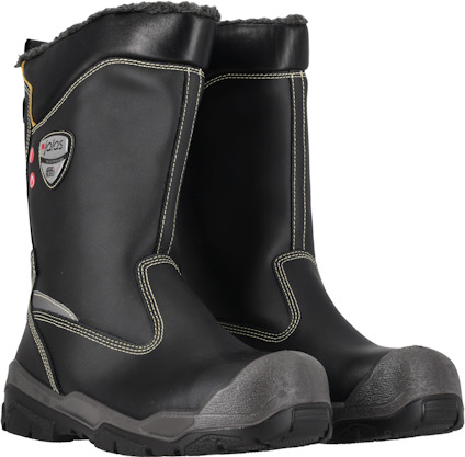 Svarta skyddsstövlar med grå sula och reflexdetaljer, märkta med "Cofra" på sidan.